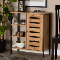 Baxton Studio MP008-Wotan Oak-Shoe Cabinet Vander Modern and Contemporary Oak Brown Finished Wood and Black Finished Metal 1-Door Shoe Storage Cabinetl